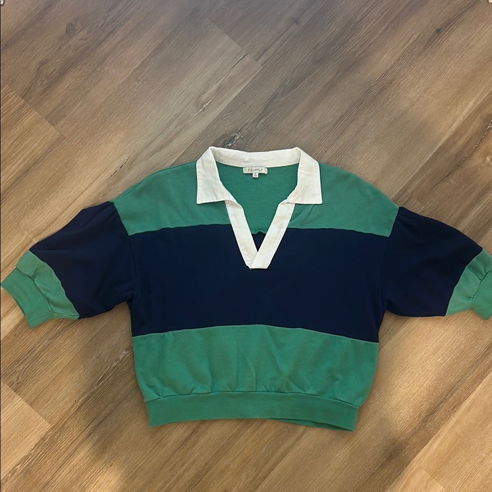 Z Supply Green, Navy & White Cropped Rugby Polo short sleeve sweatshirt